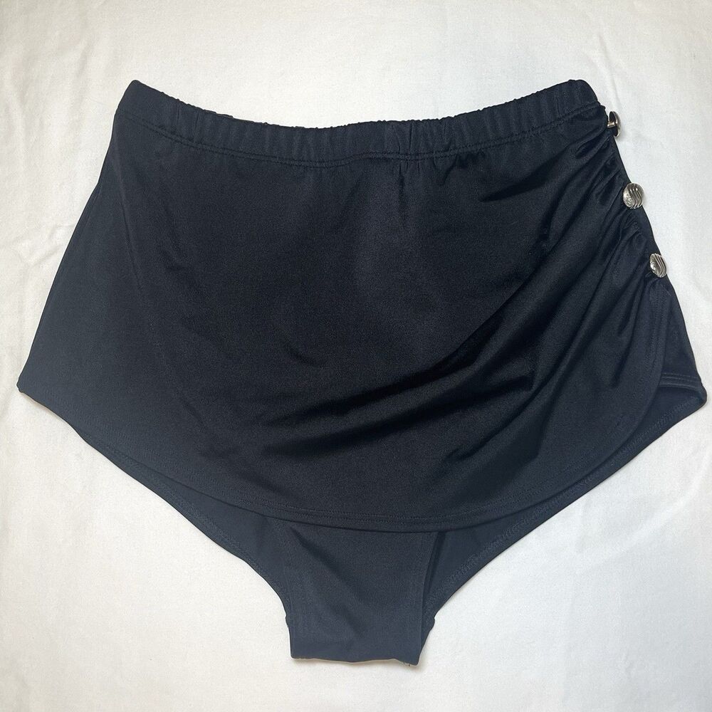 Vintage Black Sun Streak Swim Suit Bottoms Size 12 Gold Accents High Waist Skirt